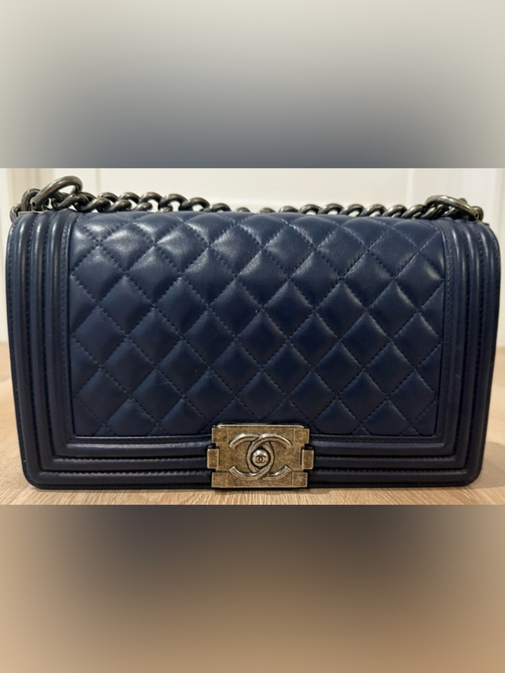 CHANEL Boy Flap Medium Quilted Navy Leather Shoulder Bag W/Ruthenium Hardware